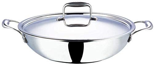 Satisfactory Nation Stainless Steel Kadhai Triply Steel Karahi Silver Colour Wok with Lid 3.3 Liter Induction Base