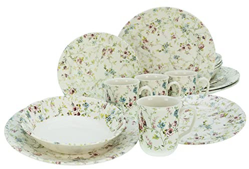 CreaTable, 22906, Serie Rose Garden, 16-teiliges Geschirrset, Kombiservice aus Steingut, spülmaschinen- und mikrowellengeeignet, Qualitätsproduktion