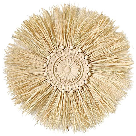 Worparsen Décoration murale en paille en bois avec perles rondes en macramé tissé - Décoration vintage résistante à l'usure