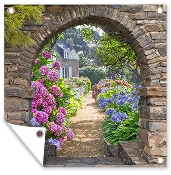 MuchoWow Outdoor-Poster Poster Wanddeko draußen Deko Garten Gartenposter 100x100 cm Blumen - Guck-guck - Hortensie - Sommer