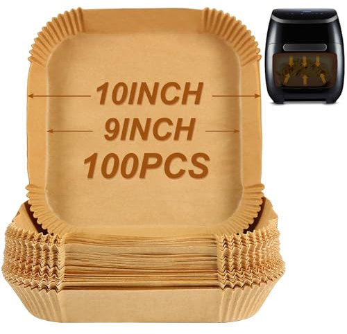 BYKITCHEN 100pcs Air Fryer Disposable Paper Liner, 9 Inch Large Air Fryer Liners Square for Tefal Easy Fry Pizza, Nonstick Airfryer Parchment Paper Liner, Compatible with COSORI, Ninja