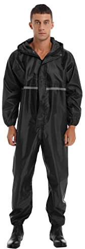 Oyolan Men's One Piece Waterproof Rainsuit Reflective Strip Full Body Over Rain Suit Work Wear Black L