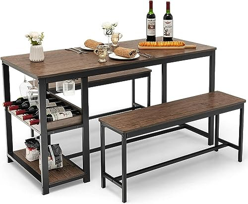 TANGZON Dining Table and 2 Bench Set, 3 Pieces Kitchen Dining Table Set with Wine Rack, Glass Holder & Storage Shelf, Space-Saving Breakfast Dining Furniture for Home Living Room Restaurant (Wooden)