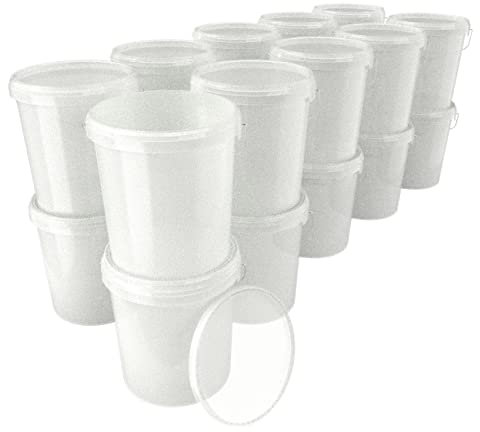 20x Eimer mit Deckel 16 Liter Transparent - lebensmittelecht luftdicht und stabil, Leer Eimer mit Griff und Verschluss Deckel für Lebensmittel Chemie Wand Farbe Waschpulver Klebstoffe geeignet