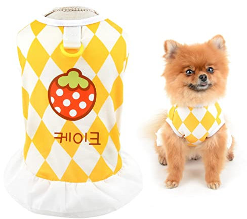 SMALLLEE_LUCKY_STORE Pet Cute Strawberry Geometric Pattern Shirt Dress Puppy Harness Dress with D-ring for Small Dog Cat Sleeveless Yorkie Chihuahua Teacup Summer Clothes,Yellow,XXL
