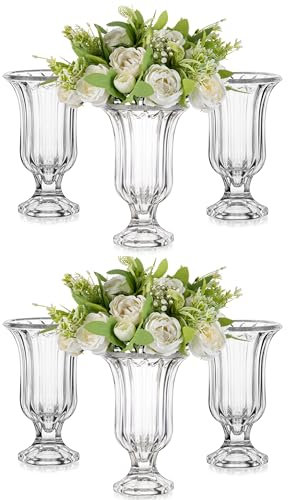 Glasseam Crystal Vases for Flowers, 7.5in Tall Vase Set of 6, Clear Glass Compote Vases and Ribbed Pedestal Bowls for Living Room Decorations Dining Table Home Decor