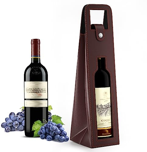 RYDDOY Wine Gift Bag, Reusable Leather Wine Tote Carrier, Single Bottle Champagne Beer Gift Bags Carrier for Birthday, Wedding, Picnic Party, Christmas Gifts (Brown)