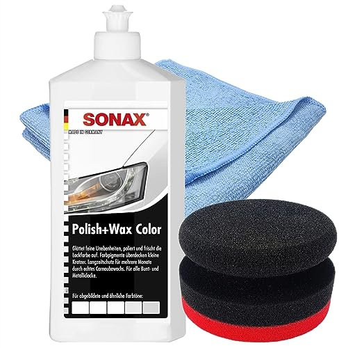 Craft-Equip Politur-Set bestehend aus einer SONAX 500ml Polish+Wax Color WEISS + Craft-Equip Ø90mm Polierpuck ROT + Craft-Equip Microfasertuch BLAU
