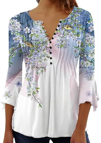 Yeenily Women Blouses 3/4 Long Sleeve Elegant Tshirt Round Neck Printed Shirt Casual Basic Tunic Tops,Floral,M Multicoloured