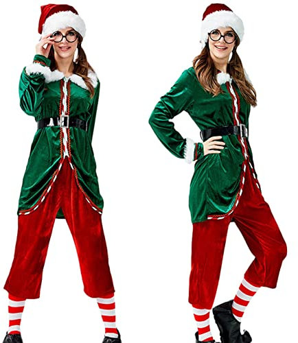 Aizuoni Santa Kostüme | Santa Suit Costumes Dress up Weihnachtskostü | Elfenkostü | Elfenkleidung | Kobold | Weihnachten | Wichtel | Komplett-Set | Damen Herren Kinder