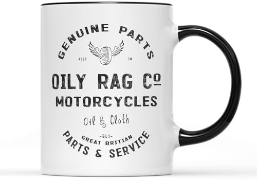 Oily Rag Genuine Parts and Services Mug Tea Coffee Cup - British Vintage Biker Motorbike Motorcycle Club Enthusiast Motor Co Triumph Chopper Harley Gifts Presents (Black Handle)