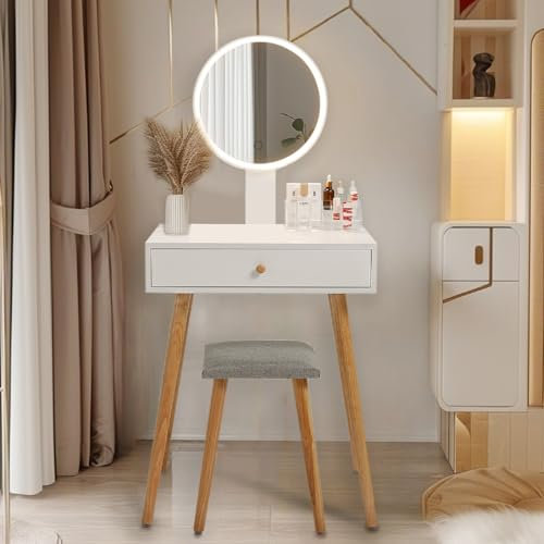 Ezigoo Schminktisch mit Beleuchtung Spiegel 60cm Kleiner Kosmetiktisch in Weiß mit 1 Schubladen, gepolsterter Hocker