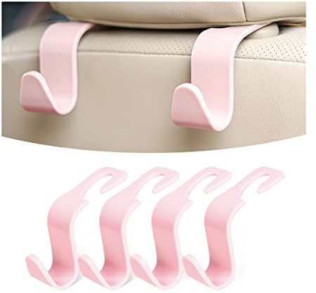 Adunsiaoto 4 PCS Cars Seat Back Hook, Car Storage Hooks Back Seat Headrest Hanger, Auto Seat Headrest Hangers Portable Organizer Holder Hooks, for Shopping Bags,Handbags and Clothes(Light-Pink)
