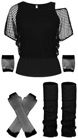 80er Jahre Outfit Damen Netzoberteil Faschingskostüme Sexy Rave Party Outfit Schulterfreies Oberteil Zumba Glitzer Top Neon Party Aerobic Body 80er Rocker Sexy Kostüme Frauen Karneval