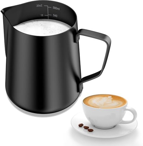 Newaner 600ml Jarra Leche Barista 304 Acero Inoxidable, Jarra de Leche con Marca de Medición 21oz, Jarra Cafe para Capuchino, Espresso, Latte Art, Perfecta para Los Amantes del Café, Negro