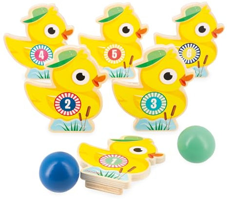 Janod - Set Birilli per Bambini Applepop - Gioco di Abilità - 6 Birilli Anatroccoli + 2 Bocce - Giocattolo in Legno FSC - Stimola la Manualità - dai 3 Anni, J03364