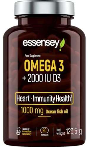 Essensey Omega 3 + D3 2000 IU | Immune Support & Bone Health | Fish Oil Supplement with EPA & DHA | 90 Capsules