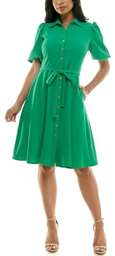 SHARAGANO Damenkleid mit Sharkskin, Knopfleiste bis Saum, Blousonärmel, Taschen und Gürtel zum Selbstbinden, Freizeitkleid