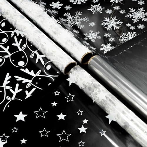 Zellophanfolienrolle zum Verpacken von Geschenken: 4 Rollen 3 m x 80 cm Zellophanfolie für Weihnachtskörbe, Blumen, Geschenkverpackungen, Dekorationen
