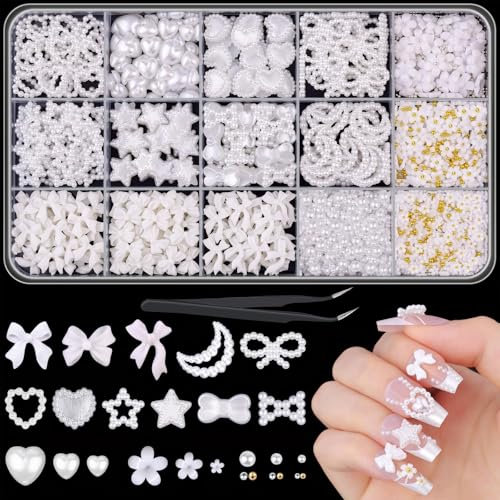 1000 Stück Nail Charms,3D Charms Nägel Inklusive Vielfalt an Perlen,Herz,Stern,Blumen und Nagel Perlen,Nail Art Charms Perfekt für Elegante, Mädchenhafte und Modische Nagelkunst