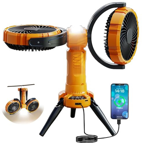 NIFBANG Ventilateur de camping avec lumière, 8000 mAh, alimenté par batterie rechargeable, ventilateur de plafond, oscillant à 270°, rotation à 360°, équipement essentiel de camping portable pour