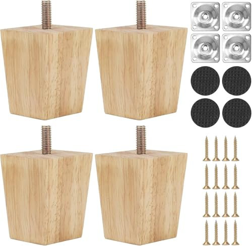 Qodiacl 4 Stück Möbelfüße Holz 6cm Quadratische Holzfüße aus Massives Eichenholz Tischbeine Schrankfüße Möbelbeine Holzbeine Ersatz Beine für Möbel Schrank Beine Couch Tisch Sofa Bett