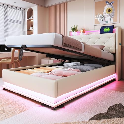 LED-Polsterbett 90x200 cm, Bett mit Großer Stauraum&Lattenrost, Bettgestell Metall Boxspringbett, Polster Kopfteil mit Regal und USB-Ladeanschluss, Hautfreundlicher Leinenstoff (Beige, 90x200 cm)