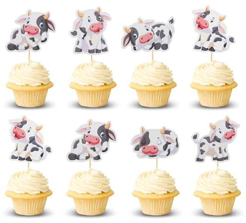 Arthsdite 24Pcs Cow Cupcake Toppers Farm Animal Happy Birthday Cake Decorations for Cow Farm Animal Zoo Themed Kids Boy Girl Birthday Party Decoration Supplies