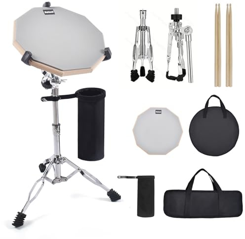 Seteol Schlagzeug-Übungspad-Set, 30,5 cm, doppelseitig, geräuschlos, mit Aufbewahrungstasche, verstellbarer Snaredrum-Ständer mit Tragetasche, 2 Paar Drumsticks mit Drumstick-Halter, passend für 25,4