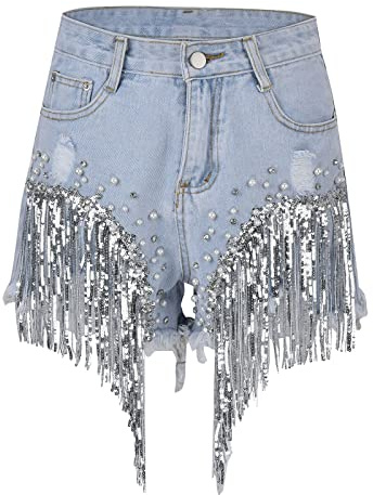 Kurze Hosen Damen Sommer Jeans Übergroße Quaste Elastische High Waist Jeans Shorts Mit Fransen Vintage Denim Biker Jeansshorts