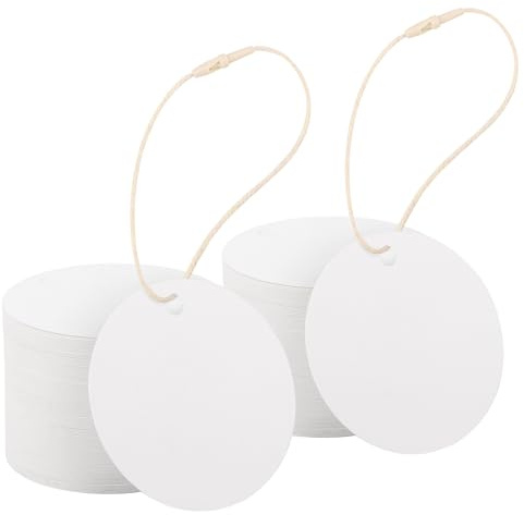 EUSOAR Weiß Etiketten Anhänger, 400 Pack Geschenkanhänger Blanko 6cm Rund | 300GSM Anhänger Papier Labeling, Blanko Kraftpapier Gift Tags mit Beige Baumwollkordel, Etiketten zum Beschriften