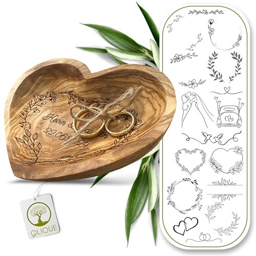 Ringkissen Hochzeit aus Olivenholz, personalisiert - Handgemachte Holzschale in Herzform