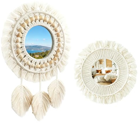 ANEELV Juego de 2 Espejos Redondos Boho con Borlas y Cuentas de Madera en Marfil Espejo Decorativo de Cuerda de Cáñamo para Salón Dormitorio Baño