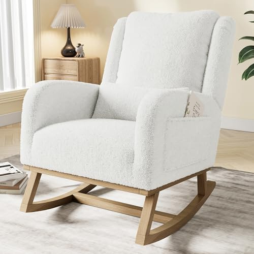 TIMORWTF Rocking Chair,Living Room Rocking Chair Interieur,Chaise à Bascule avec Coussin Lombaire,Fauteuil Allaitement en Velours Teddy avec Pieds en Bois Massif,Blanc (Blanc-C)