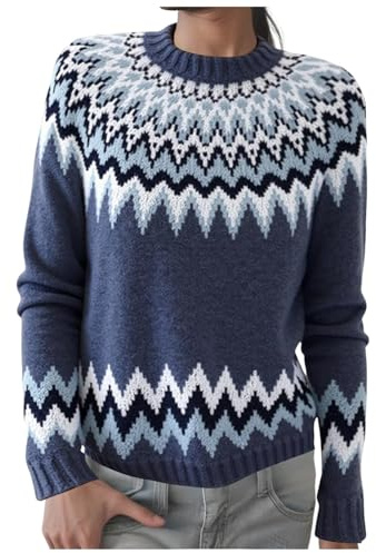 Hauetro Norweger Pullover Damen Kaschmir Pullover Langarm Rundhals Gestreifter Wollpullover Strickpullover Herbst Winter Elegant Winterpullover Pulli Warm Casual Strickpulli