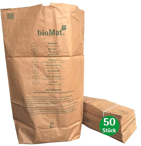 bioMat Kompostierbare Papiersäcke 240l aus Kraftpapier, 50 Papiertüten für Biotonne, 1-lagig, Reißfest, Nassfest