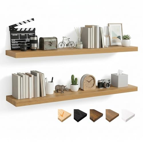 RICHER HOUSE Eiche Wandregale,100 x 23,5 x 3,8cm Wandboard MDF Holz,2er-Set | Holzregal Wand mit unsichtbaren Halterungen, Schweberegal für Schlafzimmer, Wohnzimmer, Badezimmer, Küche, Waschküche, Büro