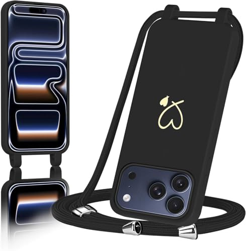 AoozeFon für iPhone 17 pro hülle mit Band, Handyhülle iPhone 17 pro mit Kordel zum Herz, Schutzhülle Handyband mit Umhängen Abnehmbare Weich TPU Liquid Silikon Bumper, Schwarz