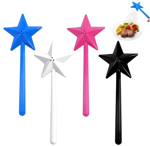 Juego de 4 botellas de especias mágicas en forma de estrella, salero y pimentero; palillos mágicos recargables (negro + blanco + rosa + azul)