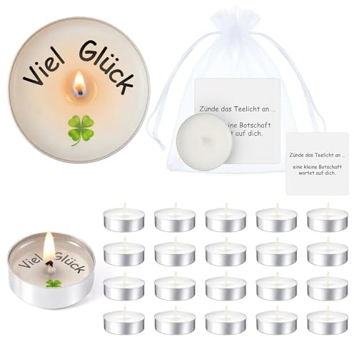 BBTO 15 Set Viel Glück Teelicht Dankeschön Kerzen Geachenke für Kollegen | Kleeblatt Glückskerzen mit Spruch, Abschiedsgeschenke, für Team Jobwechsel, für Prüfung Bestanden, für Weihnachten