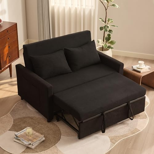 Litbird 2 Seater Sofa Bed, 3-in-1 Convertible Pull Out Sleeper Sofa, Set of Corduroy Fabric Loveseat with Adjustable Backrest & Side Pockets for Living Room, Guest Room, Apartment,Black