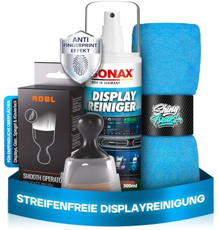 SONAX DisplayReiniger 300ml + Display Brush & Tuch – 3-teilig | Mit Smooth Display Brush – spezieller Innenraumpinsel für Displays und andere glatte Oberflächen