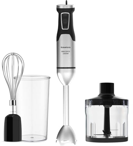 Taurus – Stabmixer HBA2300X | 2300 W | 4 Edelstahlklingen | Geschwindigkeitsregler | Turbo-Funktion | Spritzschutz-Design | Zubehör: 1-L-Messbecher, Zerkleinerer & Emulgator