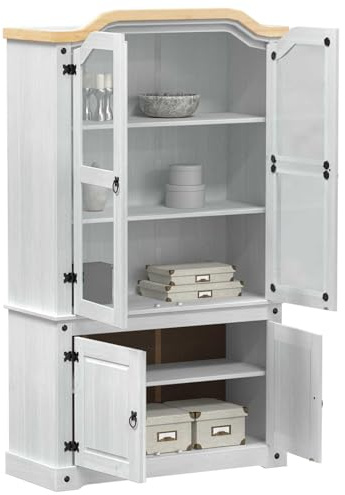 vidaXL Vitrine Weiß 103,5 x 42 x 180 cm Massives Kiefernholz, Wohnzimmer, Rechteckig, Rustikales Design, Langlebige Holzmaserung, Viel Stauraum, Vielseitig, Stylisch, Platzsparend