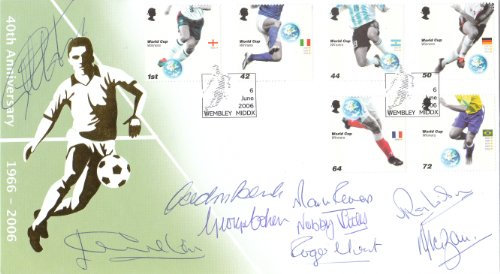 2006 WORLD CUP FIRST DAY COVER. MULTI SIGNED BY 9 TEAM MEMBERS OF THE 1966 ENGLAND WORLD CUP WINNING TEAM. LIMITED EDITION.