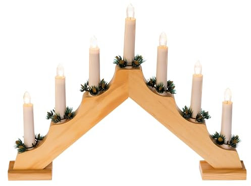 Idena 8582088 - LED Adventsleuchter aus naturfarbenem Holz mit 7 warmweißen LED Kerzenlichtern, Schwibbogen mit Ersatzlampe und Schalter, Weihnachtsdeko für den Innenbereich