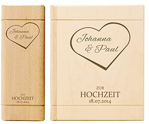 Casa Vivente Spardose aus Holz in Buchform mit Gravur – Namen im Herz zur Hochzeit – Personalisiert mit Namen und Datum – Hochzeitsgeschenk