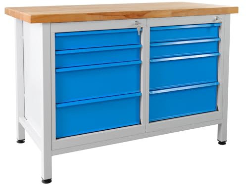 ADB Werkbank Werktisch Arbeitstisch 1200x600x840 mm RAL 7035/5012 Werkstatteinrichtung Zubehör Werkstatt ohne Rollen mit Schubladen