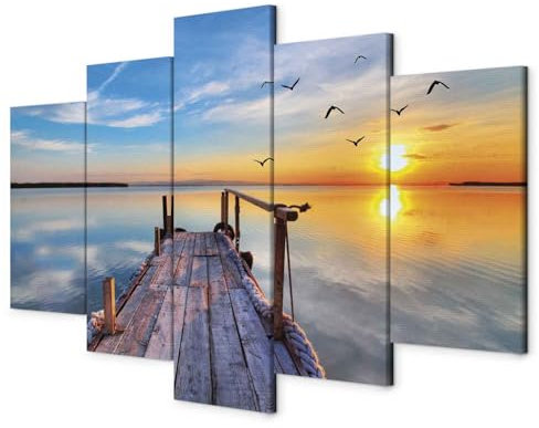 B&D XXL - Quadro Paesaggio Mare 200x100 cm 5 Pezzi - Stampa su tela in TNT - Quadri Moderni Soggiorno Murale Pannelli Decorativi per Pareti - Decorazione da parete Tramonto Uccelli Blu c-B-0124-b-n