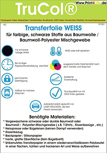 T-Shirt Textil-Transferfolie FÜR DUNKLE Stoffe Textilien DIN A4 Weiss zum Aufbügeln und Selbst gestalten (20 Blatt) - für Laserdrucker und Kopierer